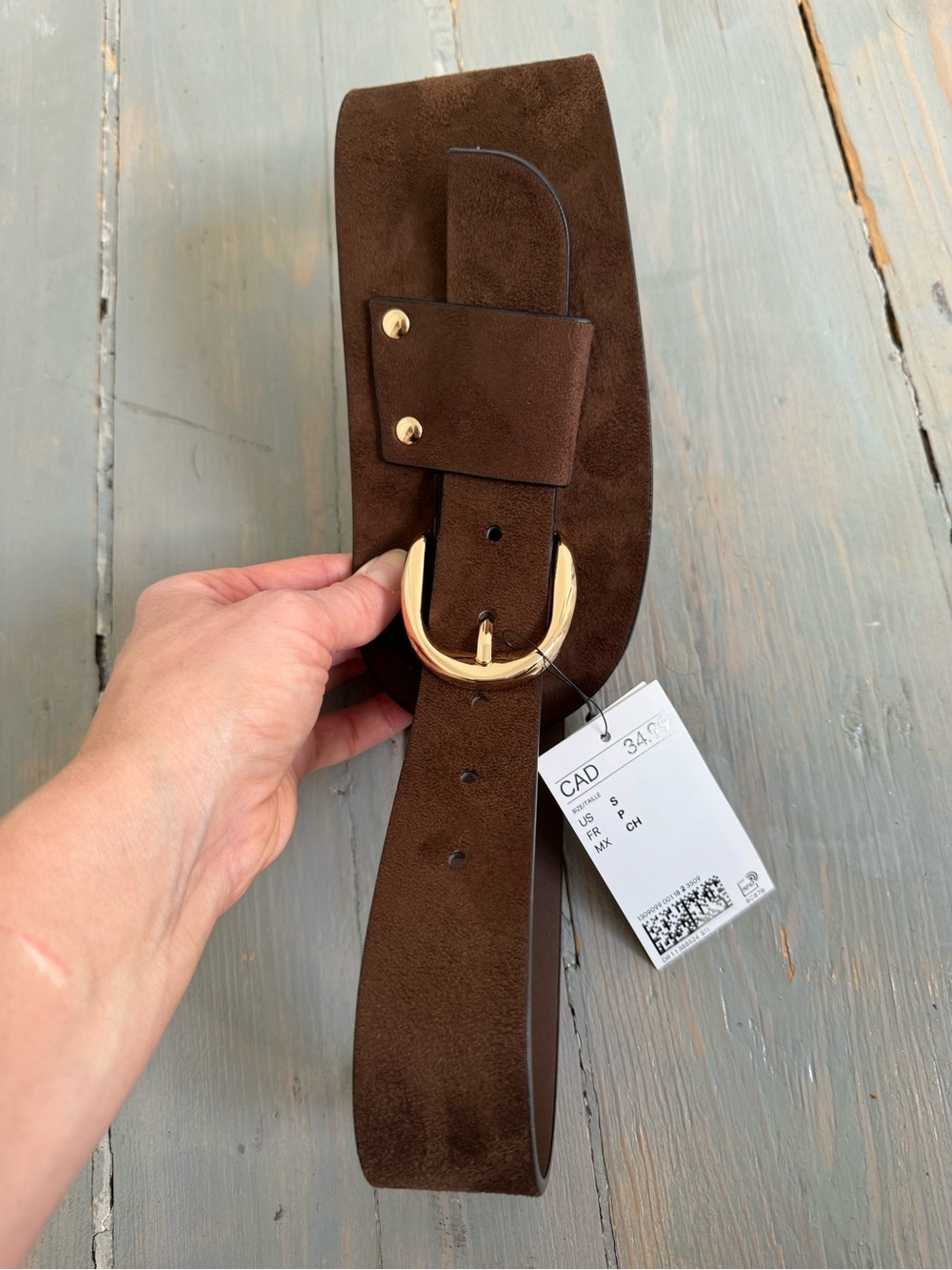 H&M Dark Brown Suede Waist Belt with Gold Round Buckle